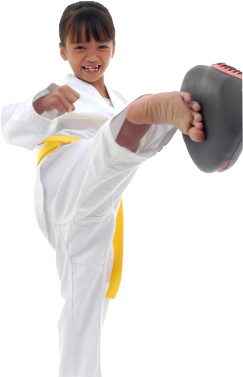 A Boy In A Karate Uniform Kicking A Punching Bag