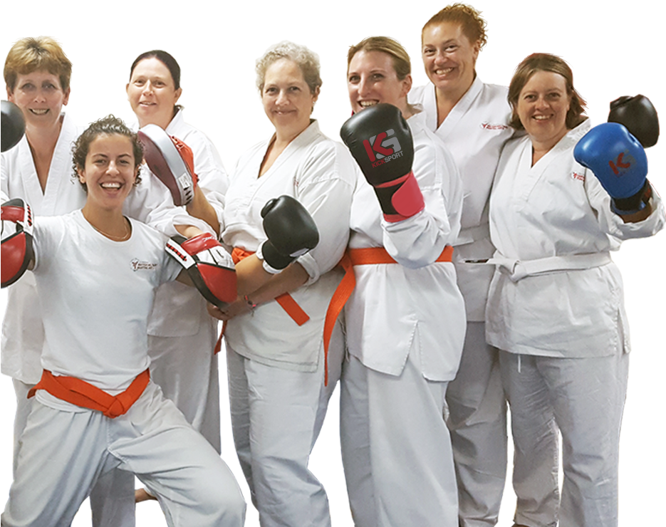 A Group Of Women Wearing Karate Uniforms And Boxing Gloves