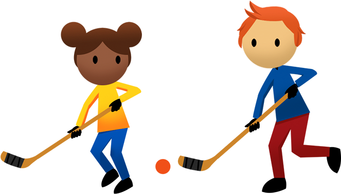 Cartoon Characters Of A Boy And Girl Playing Hockey