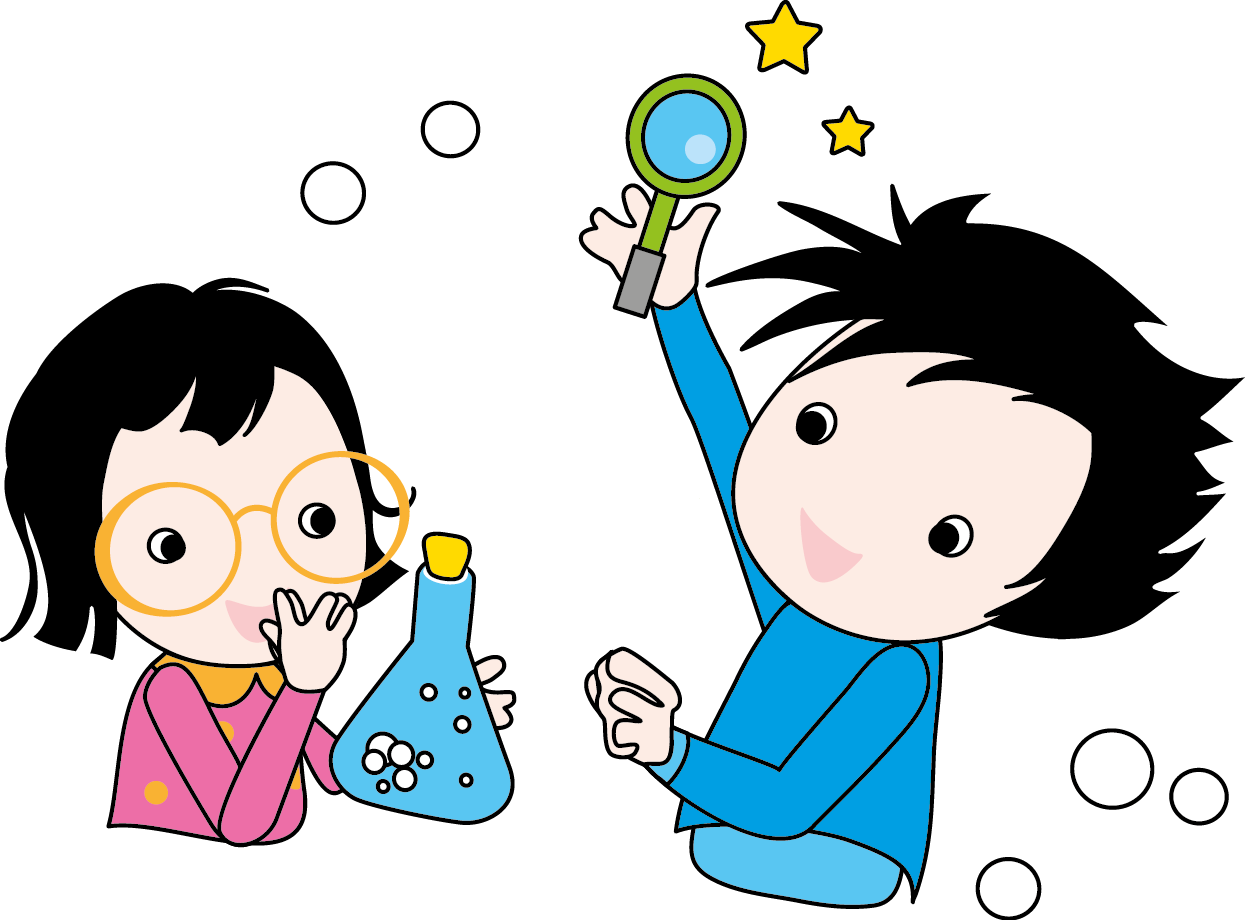 Cartoon Characters Holding A Magnifying Glass And A Flask