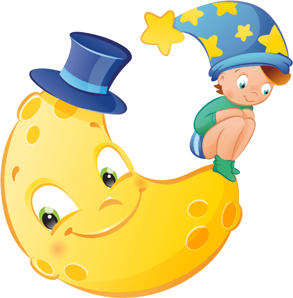A Cartoon Of A Moon With A Boy Sitting On Top Of A Hat