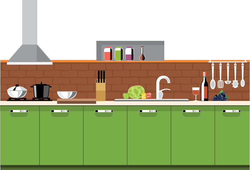 A Kitchen With Green Cabinets And A Sink