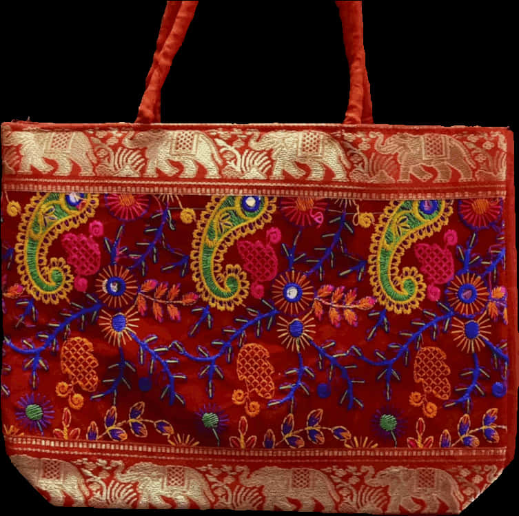 A Red Bag With Colorful Embroidery