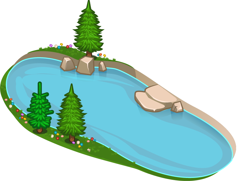 A Cartoon Of A Pond With Trees And Rocks