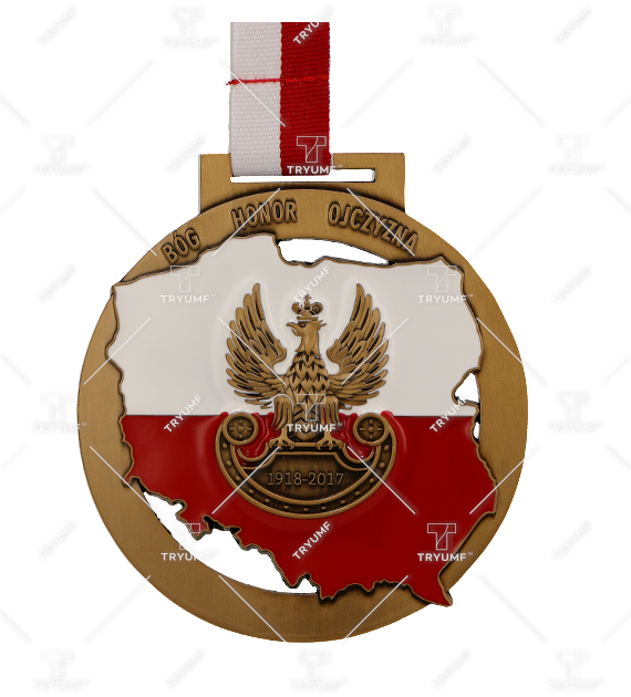 A Gold Medal With A Red And White Ribbon