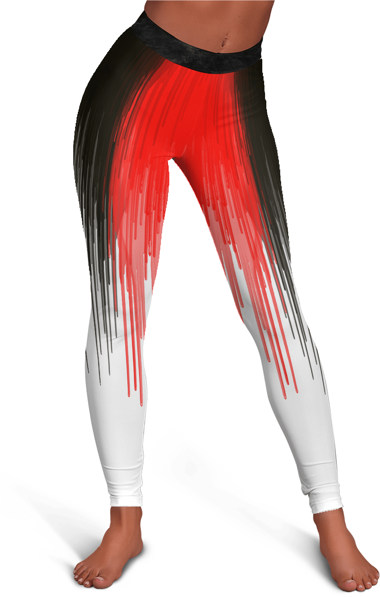 A Person Wearing White And Red Leggings With Black And Red Paint Splatters
