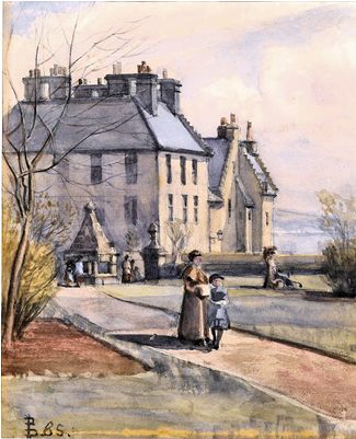 A Woman And Child Walking On A Path In Front Of A House