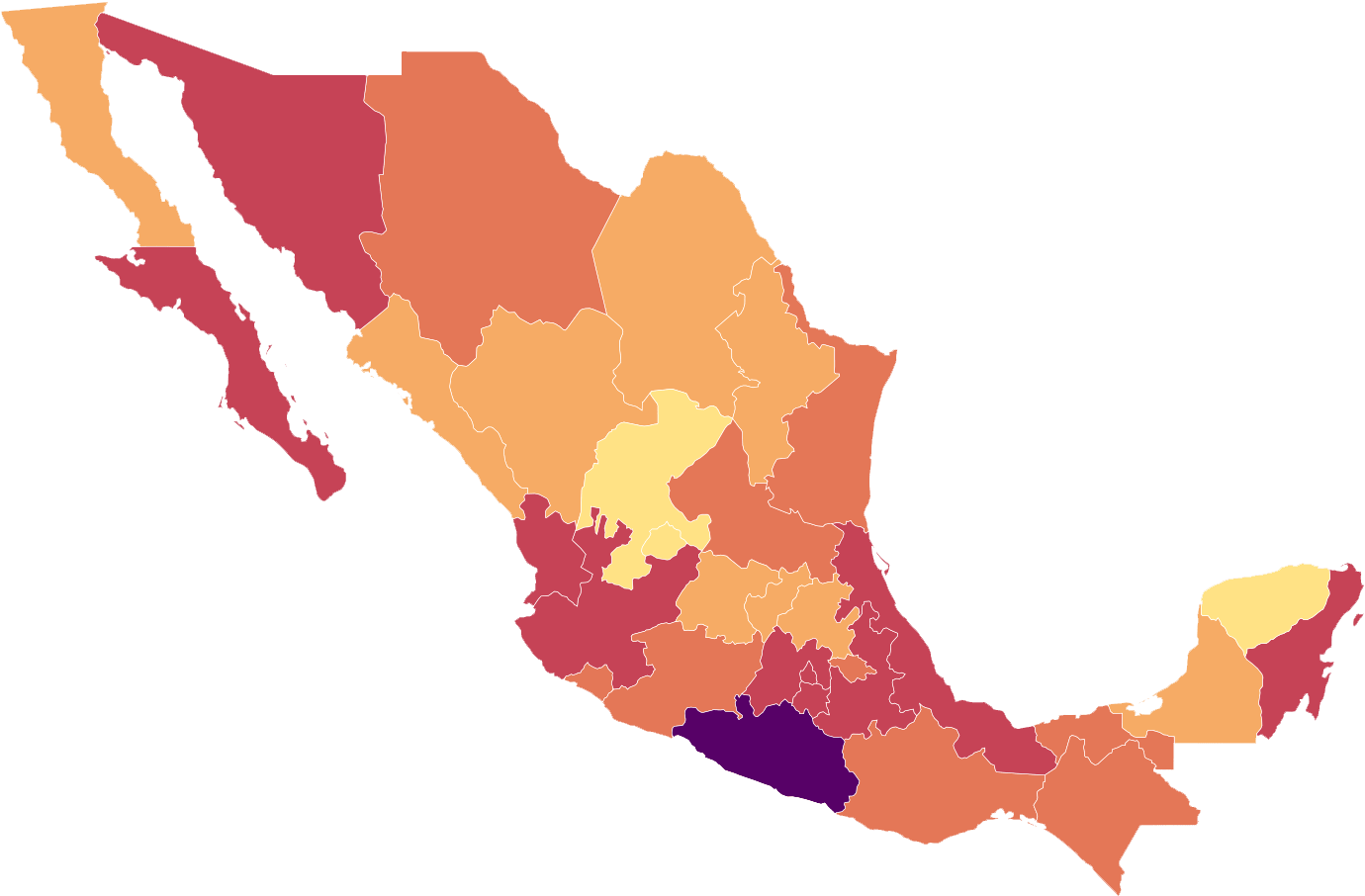 A Map Of Mexico With Different Colored Areas