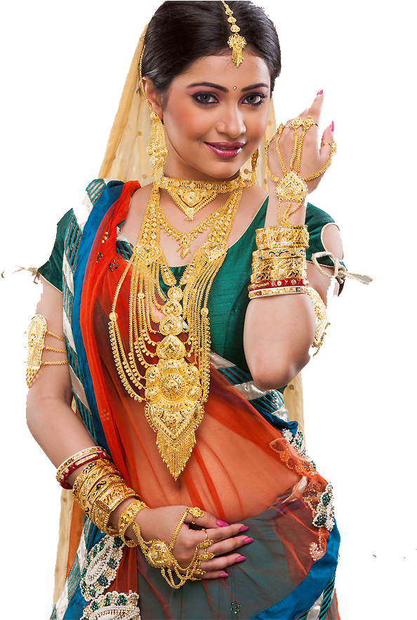 A Woman Wearing A Colorful Dress And Gold Jewelry