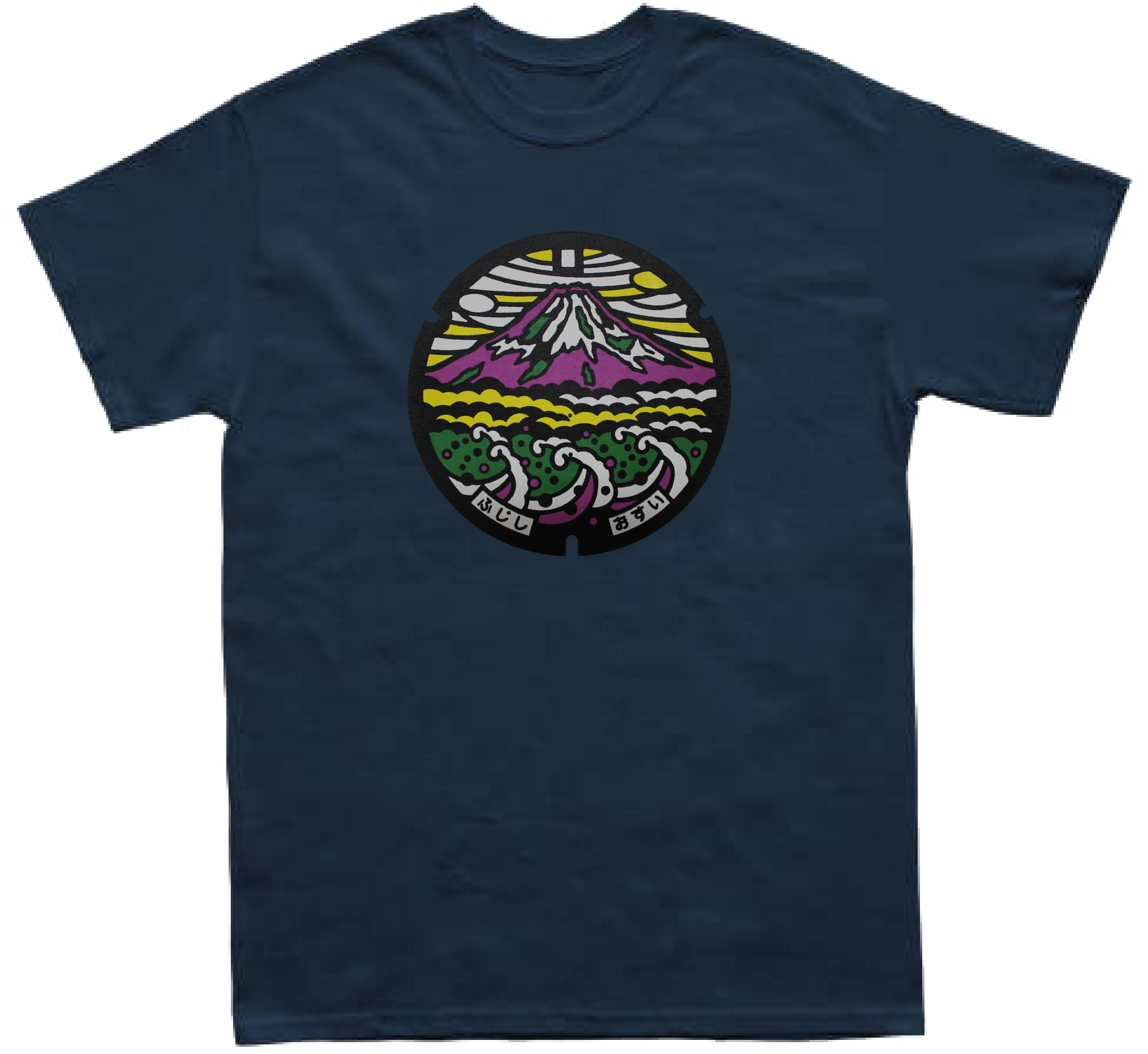 A Blue T-shirt With A Mountain And A Purple Circle