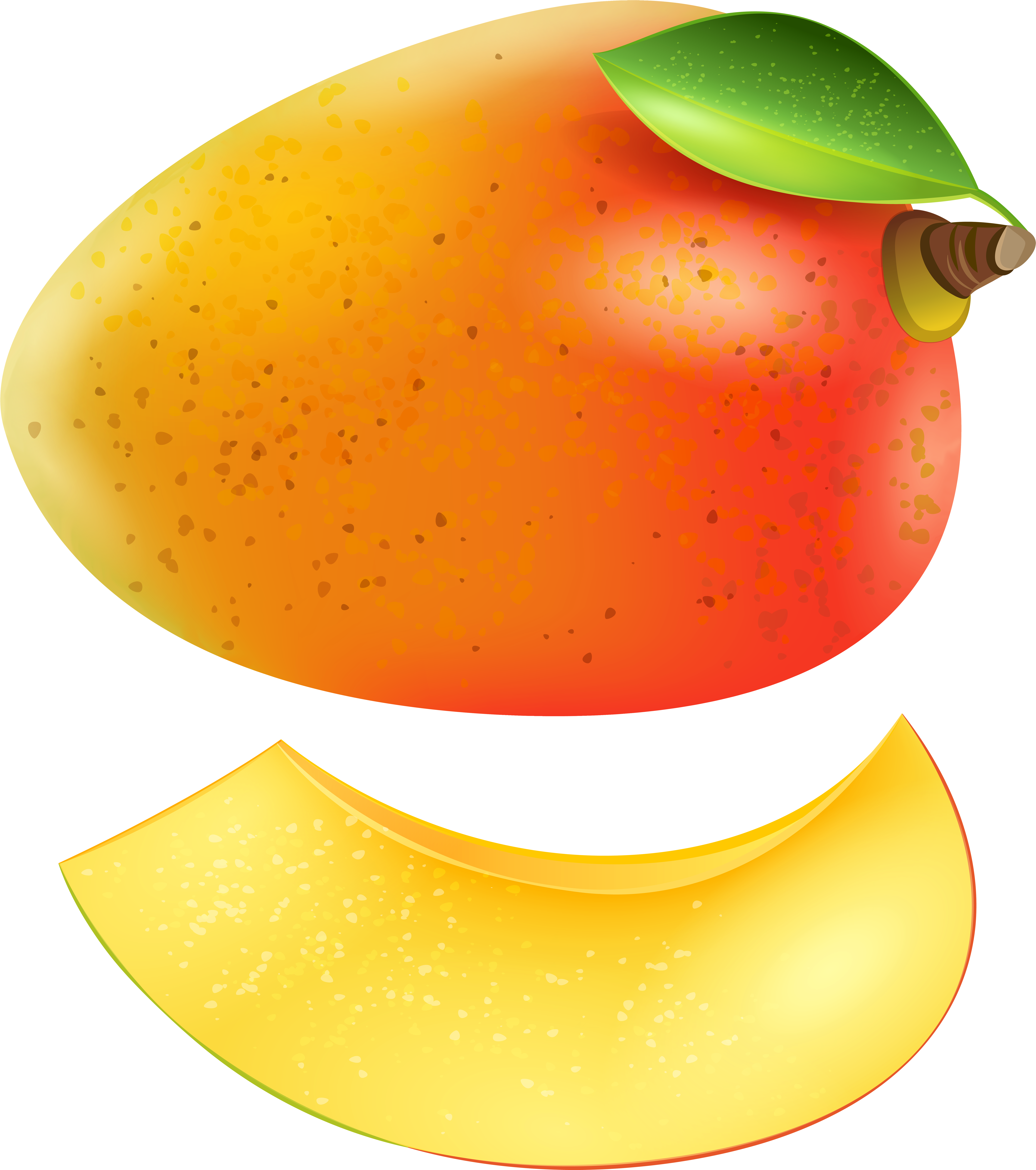 A Mango With A Green Leaf And A Slice Of Mango