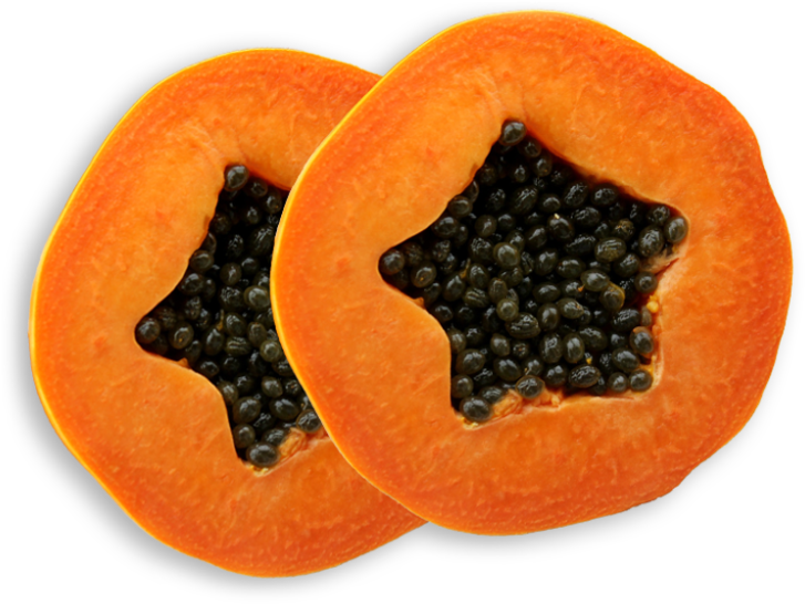 A Cut Papaya With Black Seeds In The Center