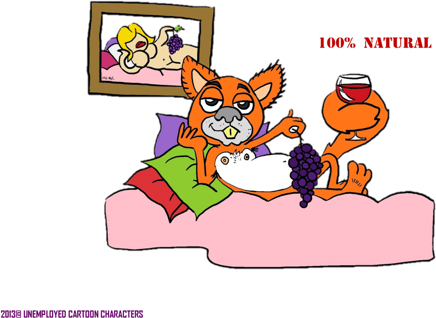 Cartoon Of A Cat Lying On A Bed With A Glass Of Wine