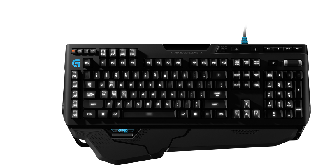 A Black Keyboard With Blue Letters