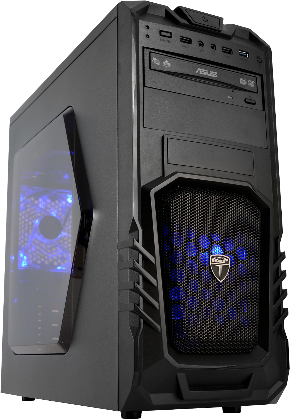 A Black Computer Tower With Blue Lights