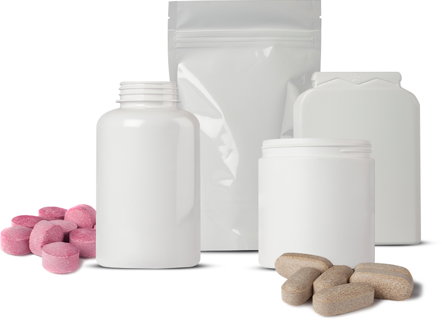 A Group Of White Containers And Pink Pills