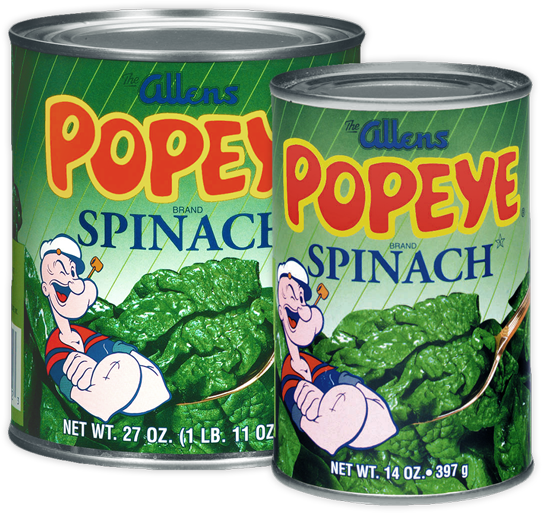 Two Cans Of Spinach With A Cartoon Character On Them