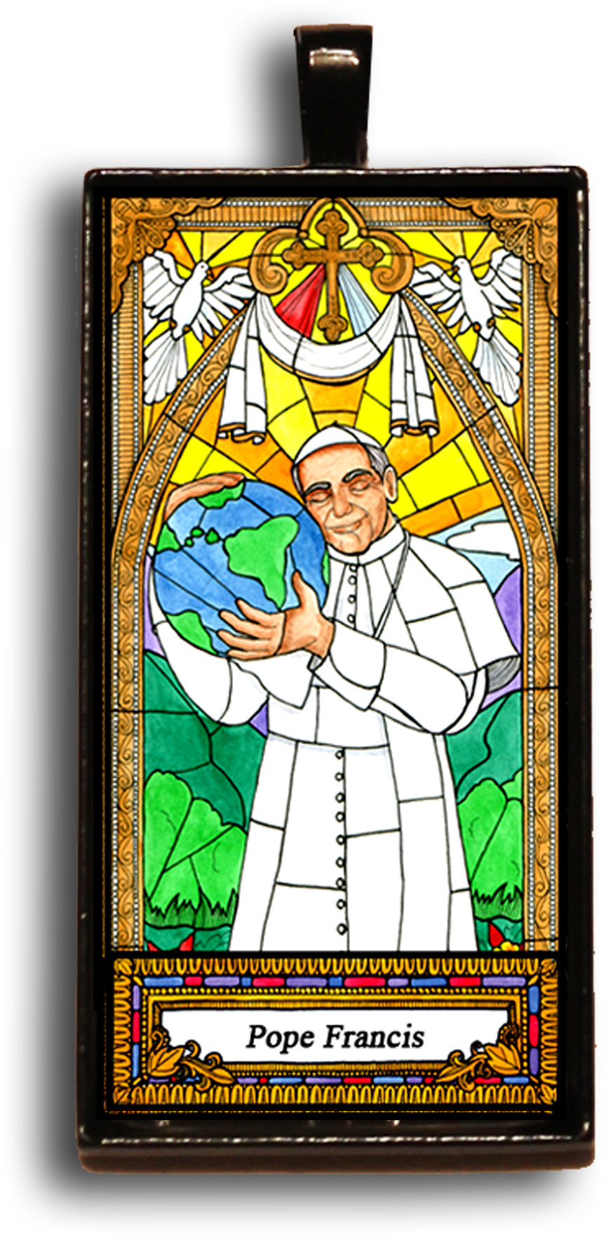 A Stained Glass Window With A Man Holding A Globe