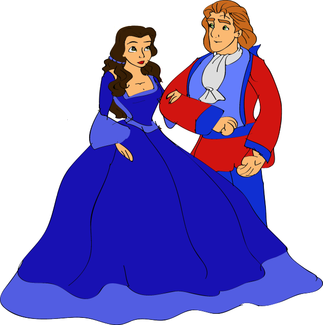 A Cartoon Of A Man And A Woman In Blue And Red Dresses