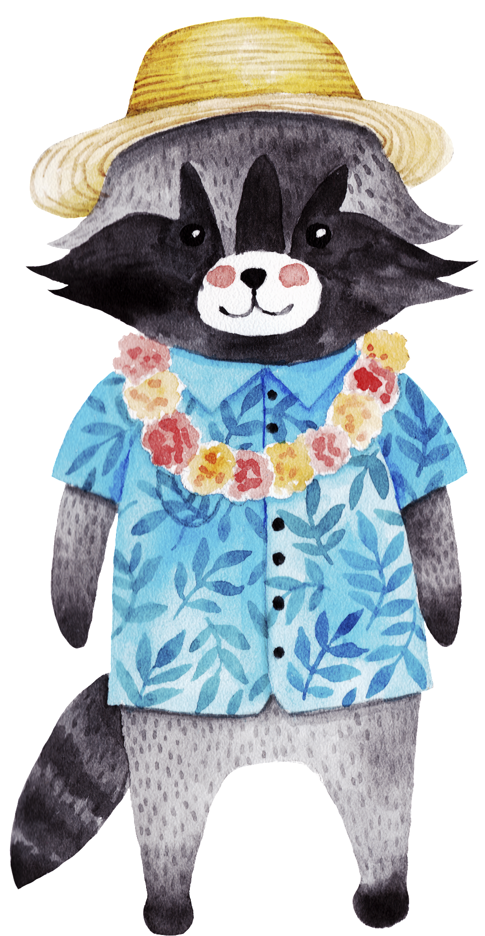 A Watercolor Of A Raccoon Wearing A Blue Shirt And A Flower Necklace