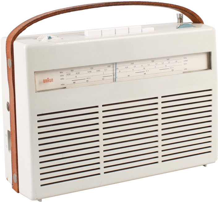 A White Radio With Brown Handle