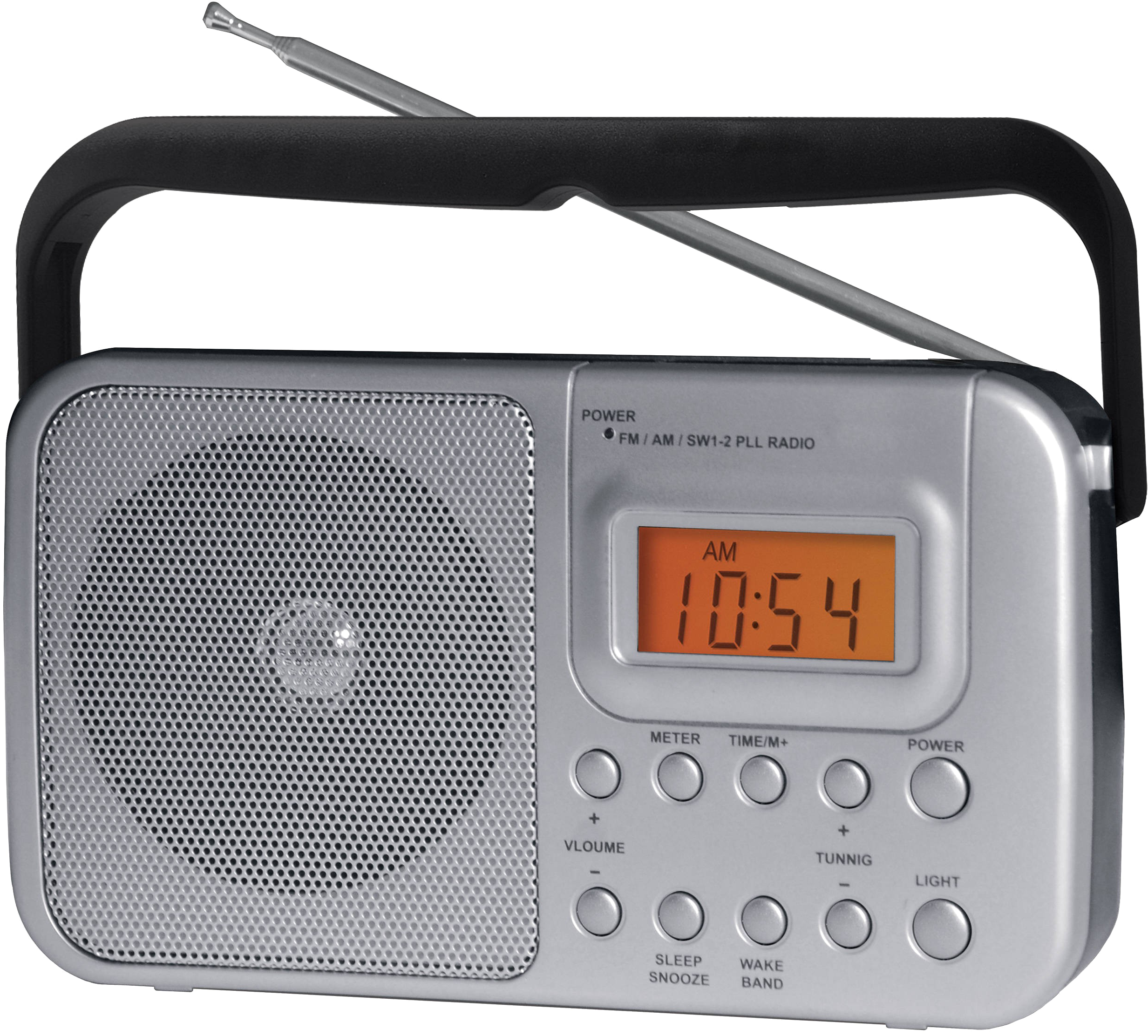 A Silver Radio With A Black Handle