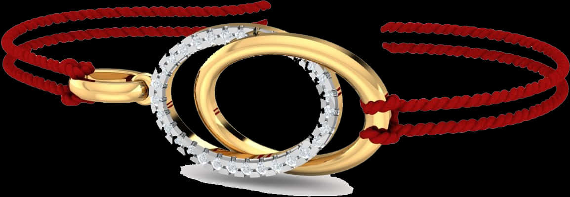 A Gold Ring With Diamonds And Red Rope
