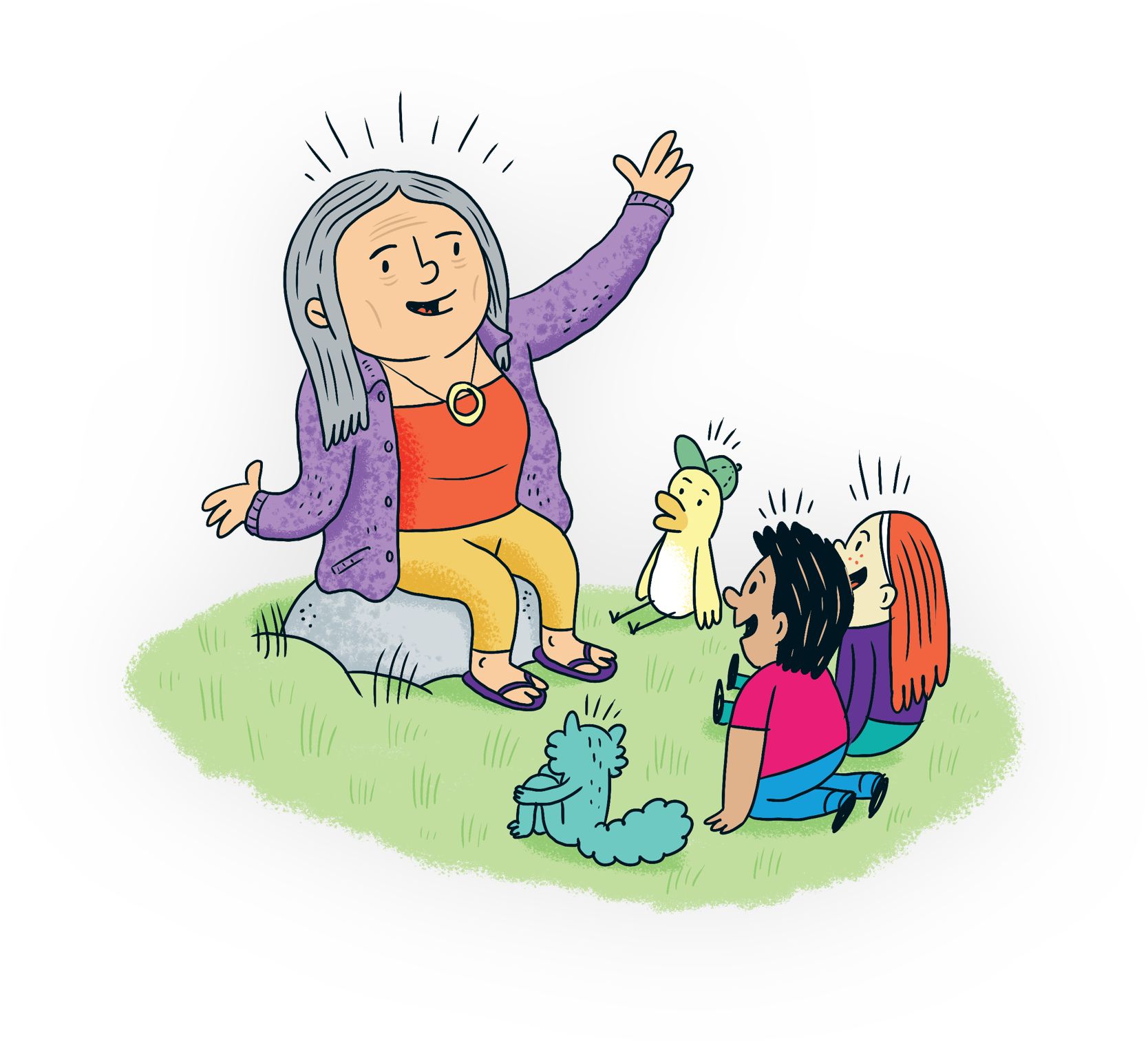 A Cartoon Of A Woman Sitting On A Rock With Children