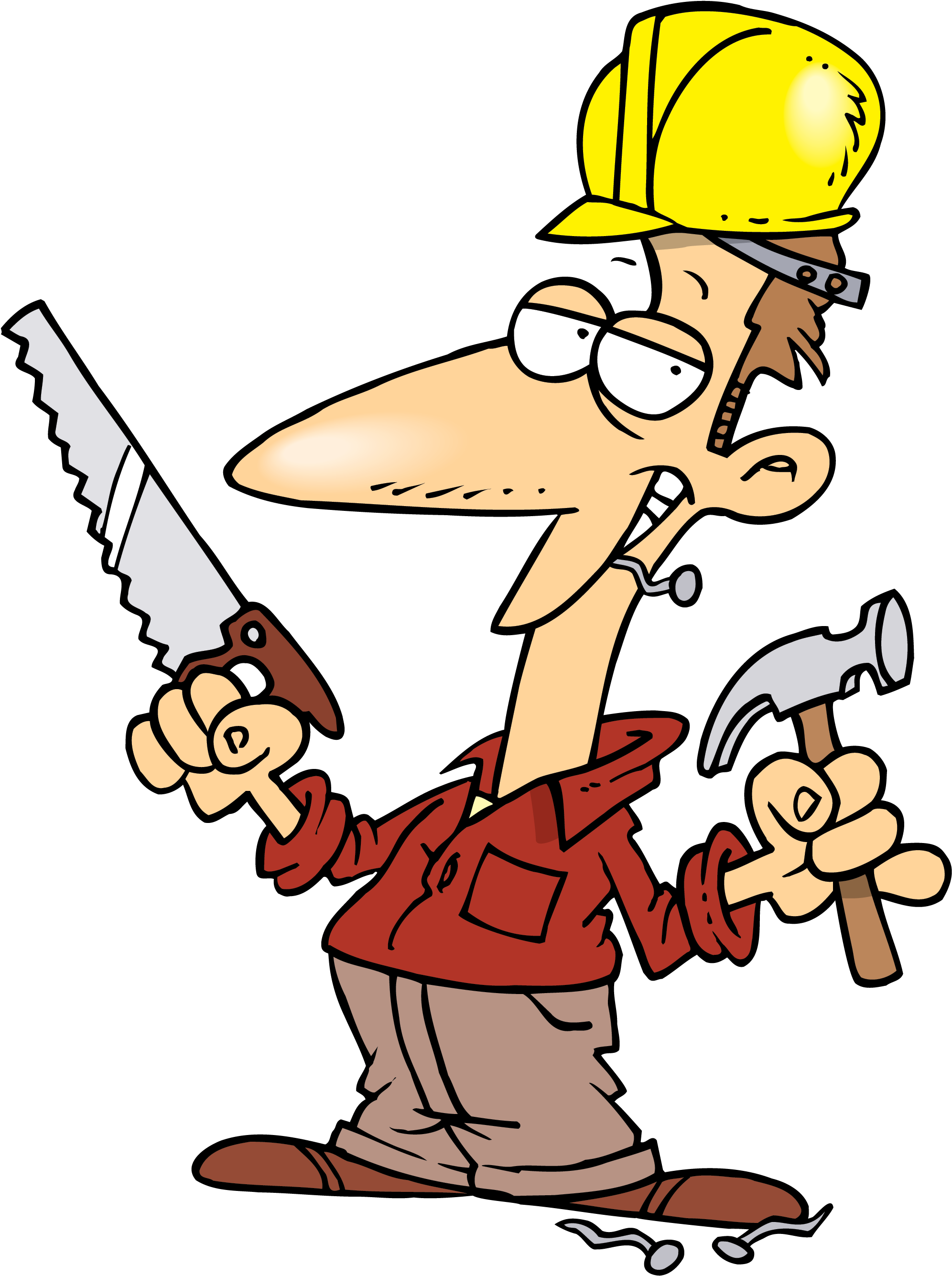 Cartoon Of A Man Holding A Saw And Hammer
