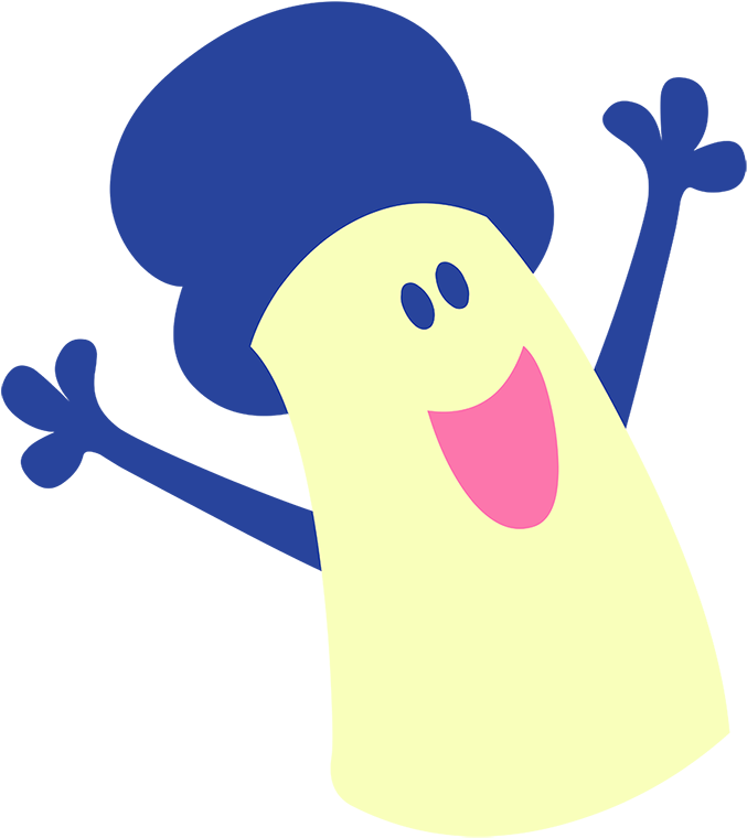 A Cartoon Character With Blue Hat And Hands Up