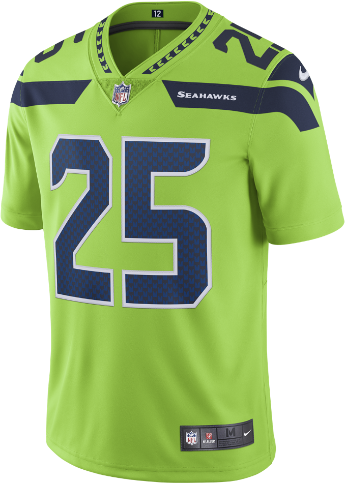 A Green Football Jersey With Blue Numbers