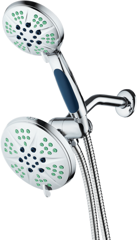 A Shower Head With A Blue And Green Spray