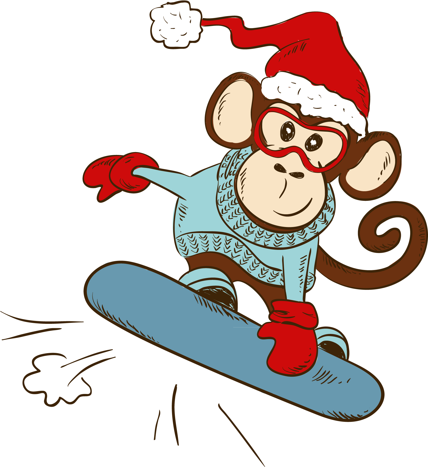 A Cartoon Of A Monkey Wearing A Santa Hat And Glasses On A Snowboard
