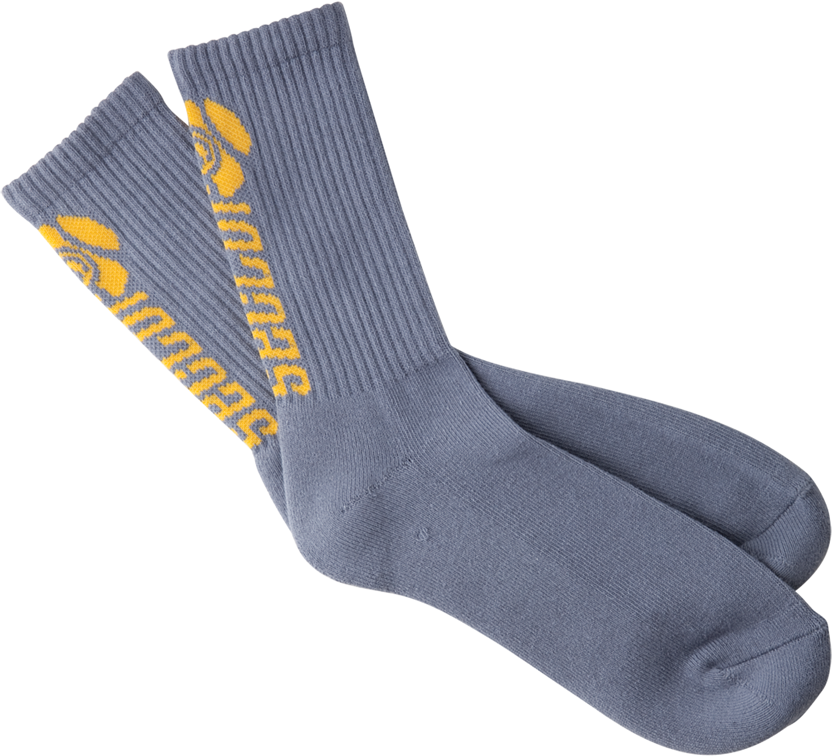 A Pair Of Grey Socks With Yellow Design