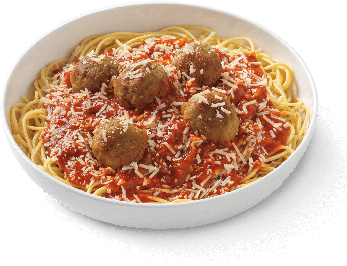 A Bowl Of Spaghetti With Meatballs And Grated Cheese