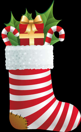A Red And White Striped Sock With A Gold Present And Candy Canes
