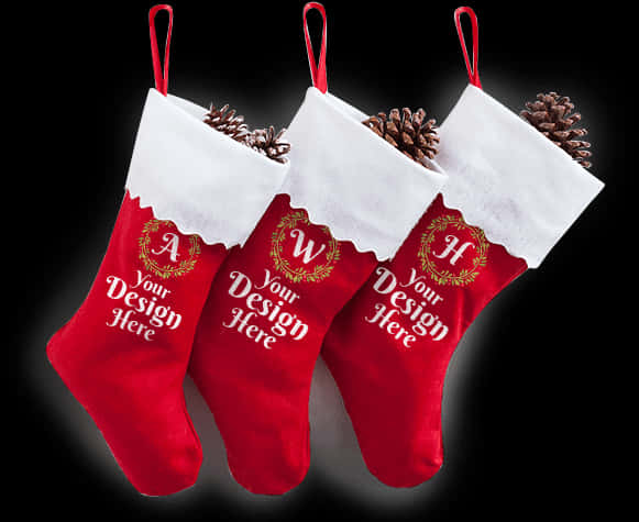 A Group Of Red Stockings With White Trim And Pine Cones