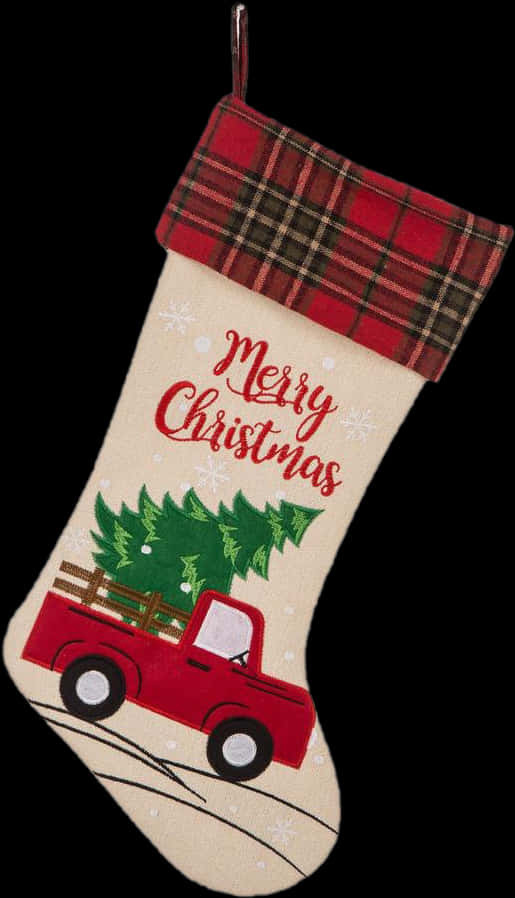 A Christmas Stocking With A Red Truck And A Tree