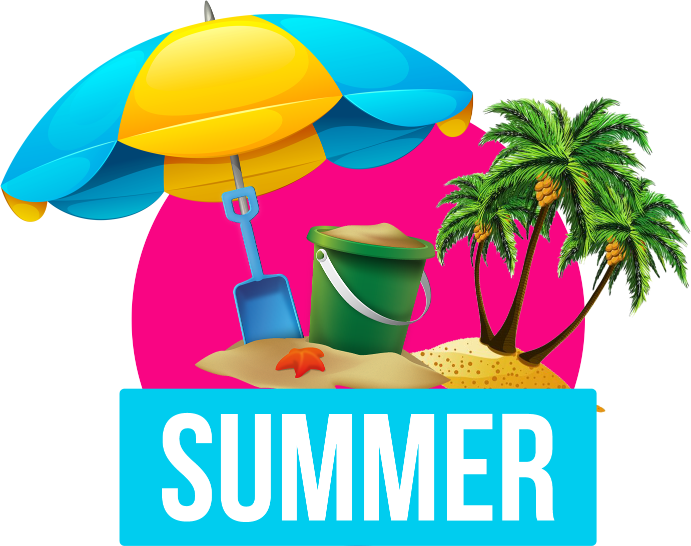 A Beach Umbrella And Bucket With Palm Trees