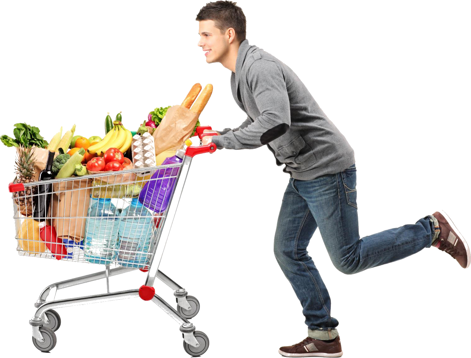 A Man Running With A Shopping Cart Full Of Food