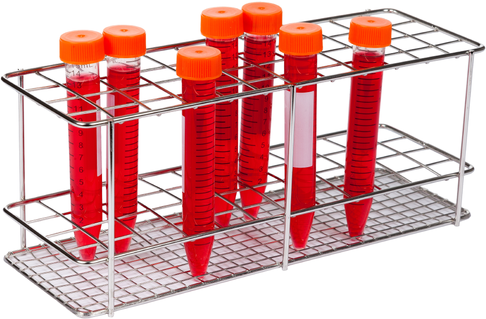A Rack With Test Tubes With Red Liquid In Them