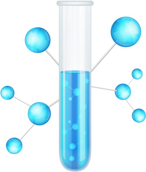 A Test Tube With Blue Liquid And Molecules
