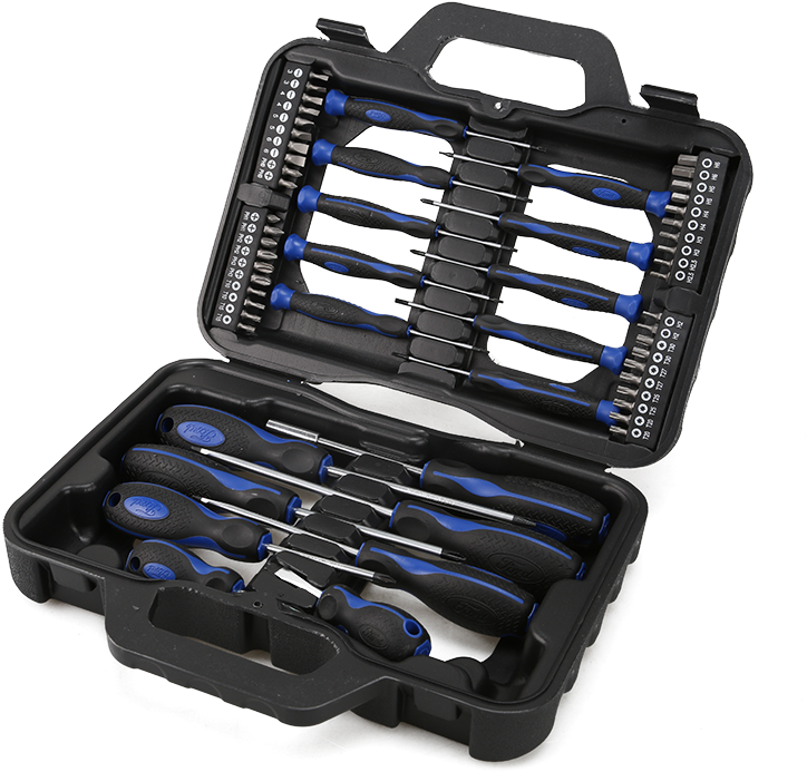 A Black And Blue Tool Box With Screwdrivers
