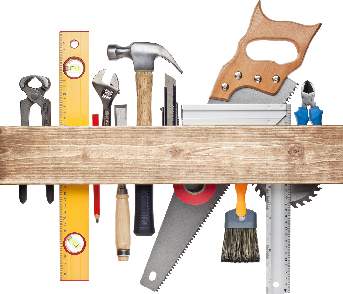 A Group Of Tools On A Wood Shelf
