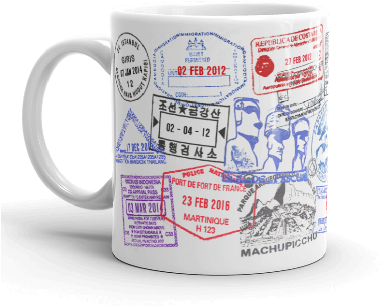 A White Mug With Stamps On It