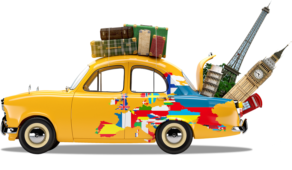 A Yellow Car With A Map Of Different Countries/regions And Luggage On It