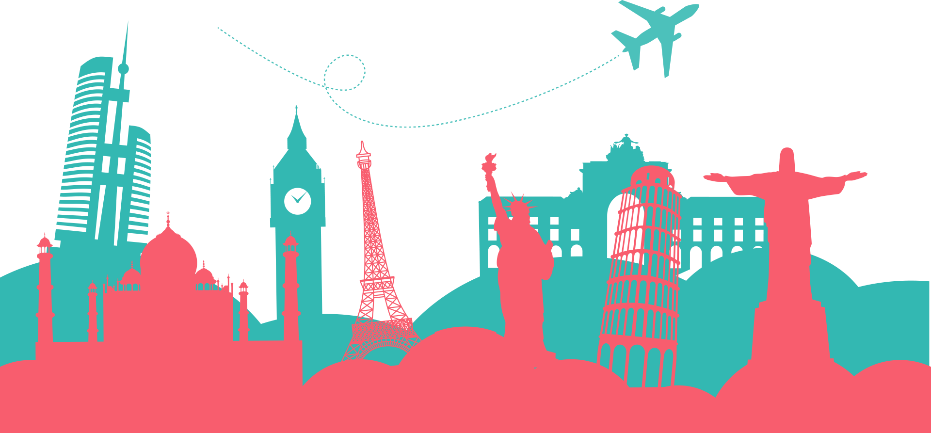 A Silhouette Of A City With A Plane Flying In The Sky