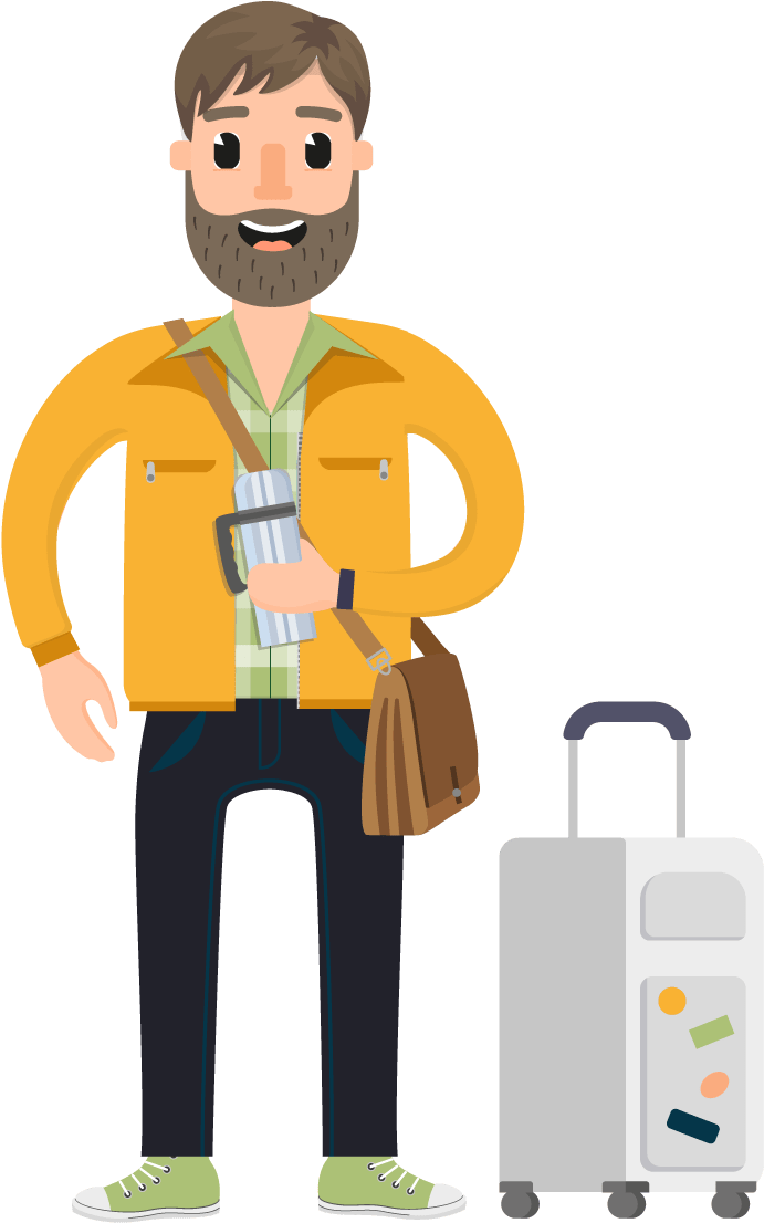 A Man With A Beard And Mustache Holding A Thermos And A Luggage