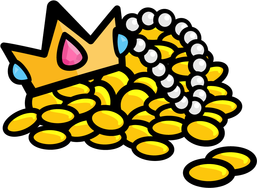 A Cartoon Of A Crown And A Necklace On A Pile Of Gold Coins