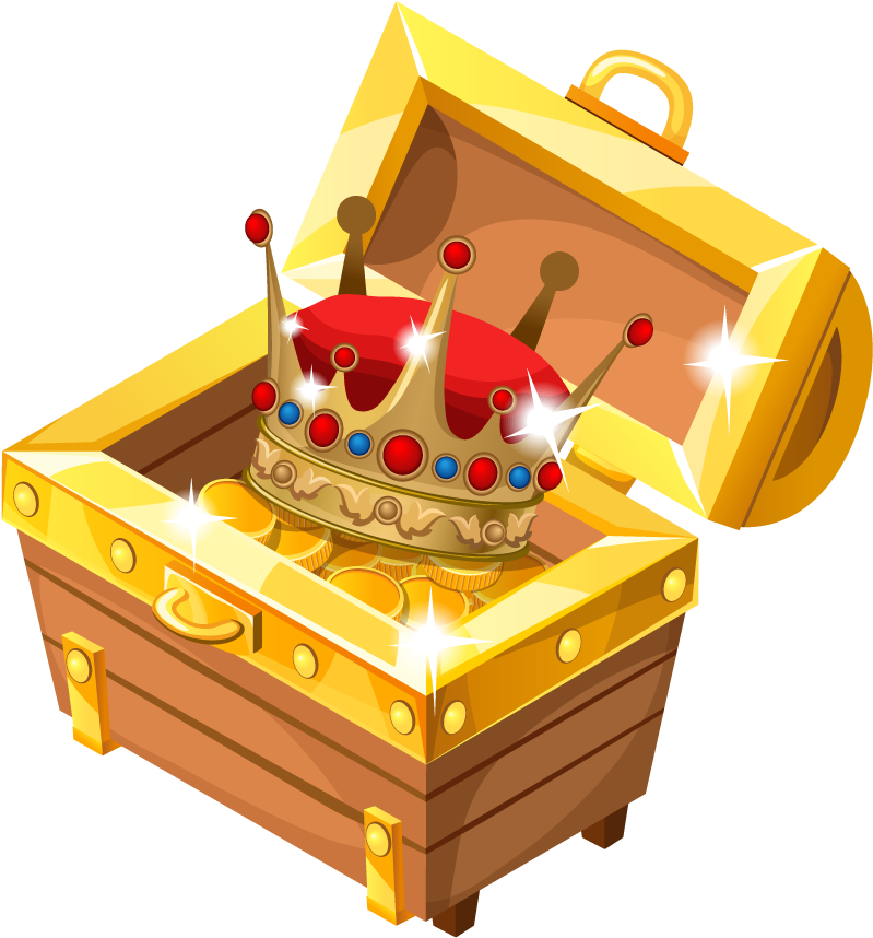 A Gold Chest With A Crown And Coins